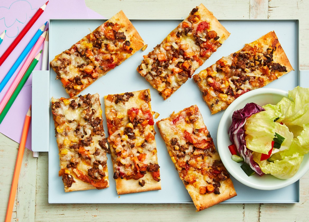 SLOPPY JOE BEEF PIZZA, SWEET POTATO, CAPSICUM & CORN